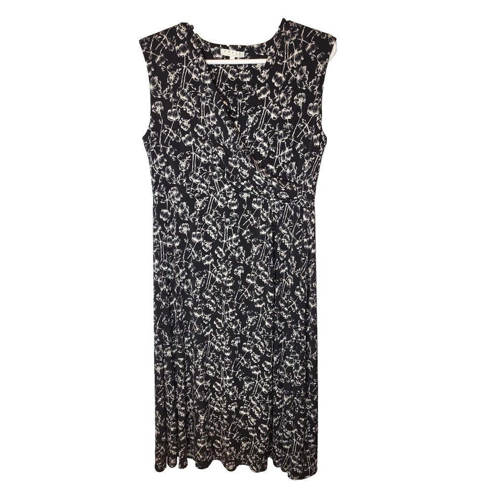 Chaus NY Black White Floral Sleeveless Cross Bust Midi Pull On Dress Size‎ XL